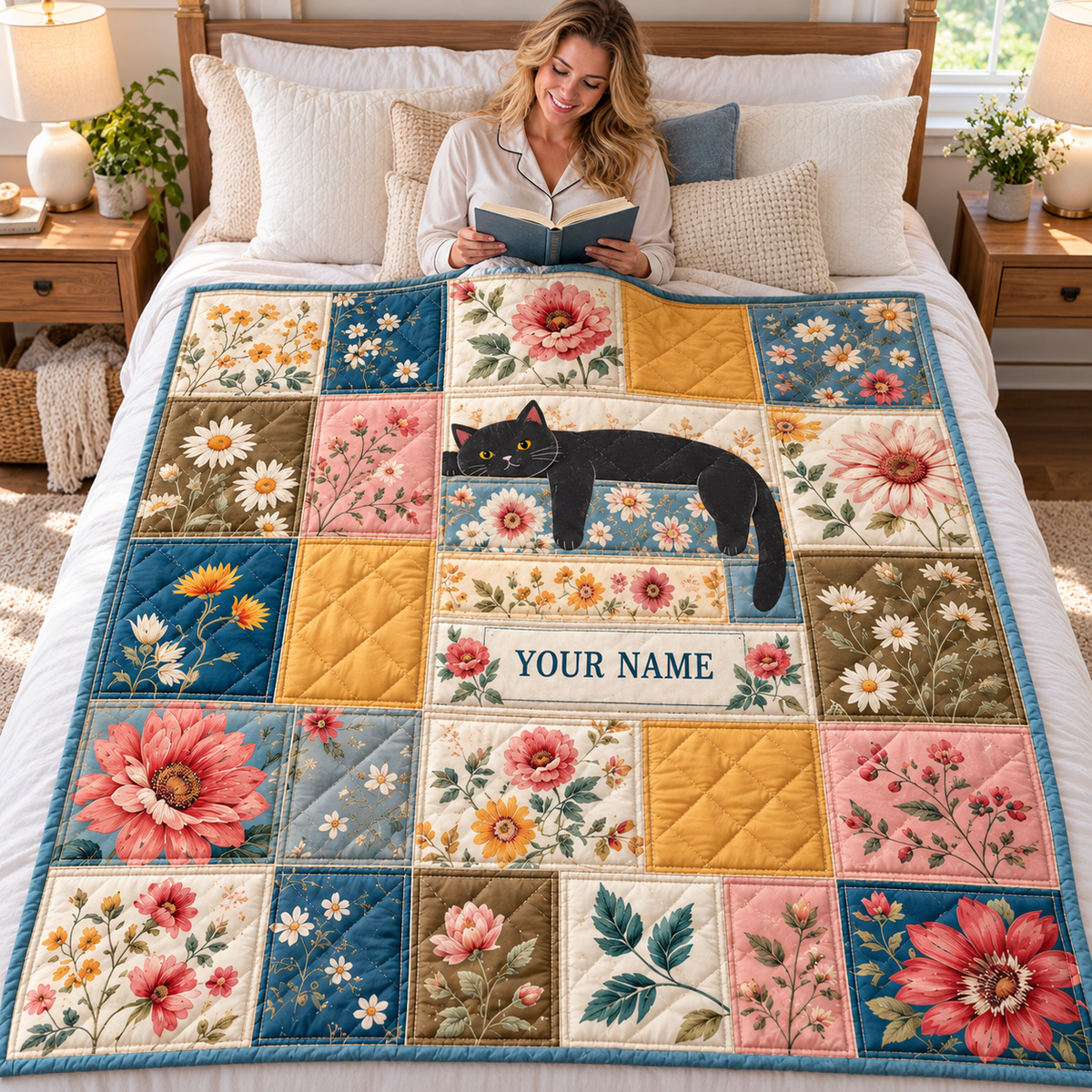 Black Cat Floral Patchwork Personalized Quilt