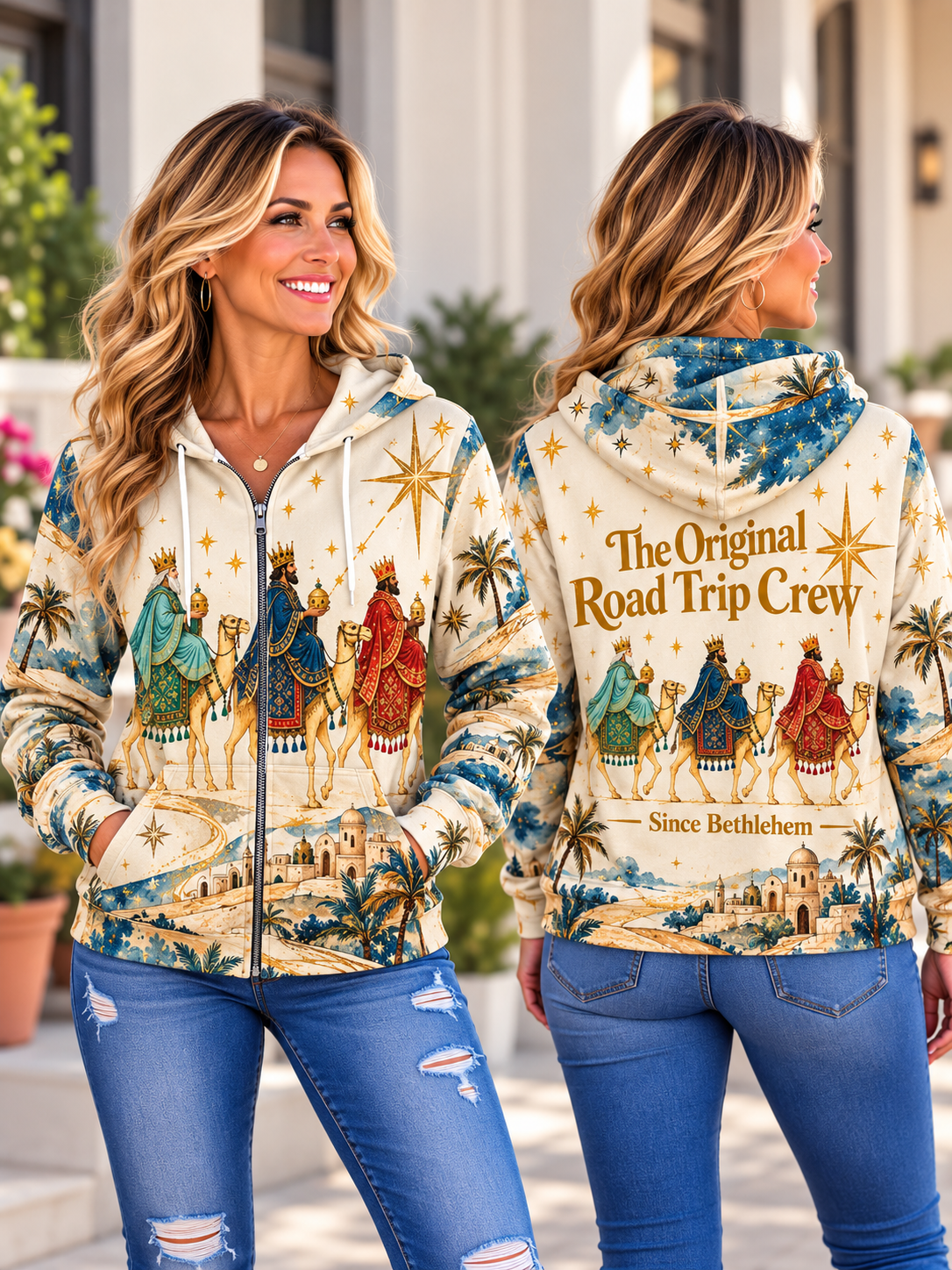 Front and back view of a zip hoodie featuring the Three Wise Men riding camels and the text The Original Road Trip Crew Since Bethlehem