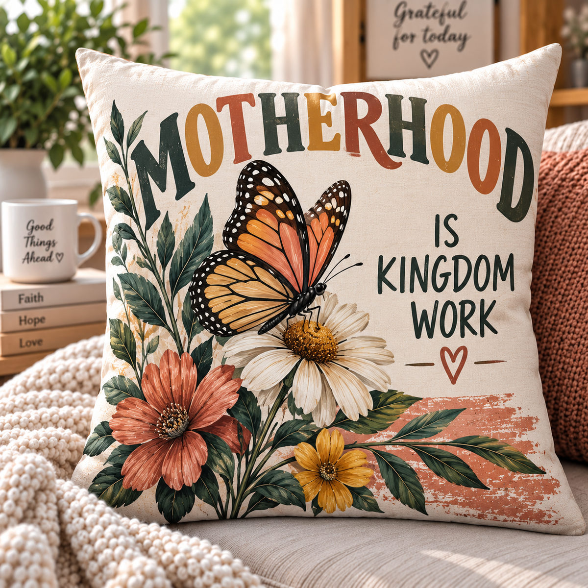 Motherhood Is Kingdom Work Butterfly Pillow
