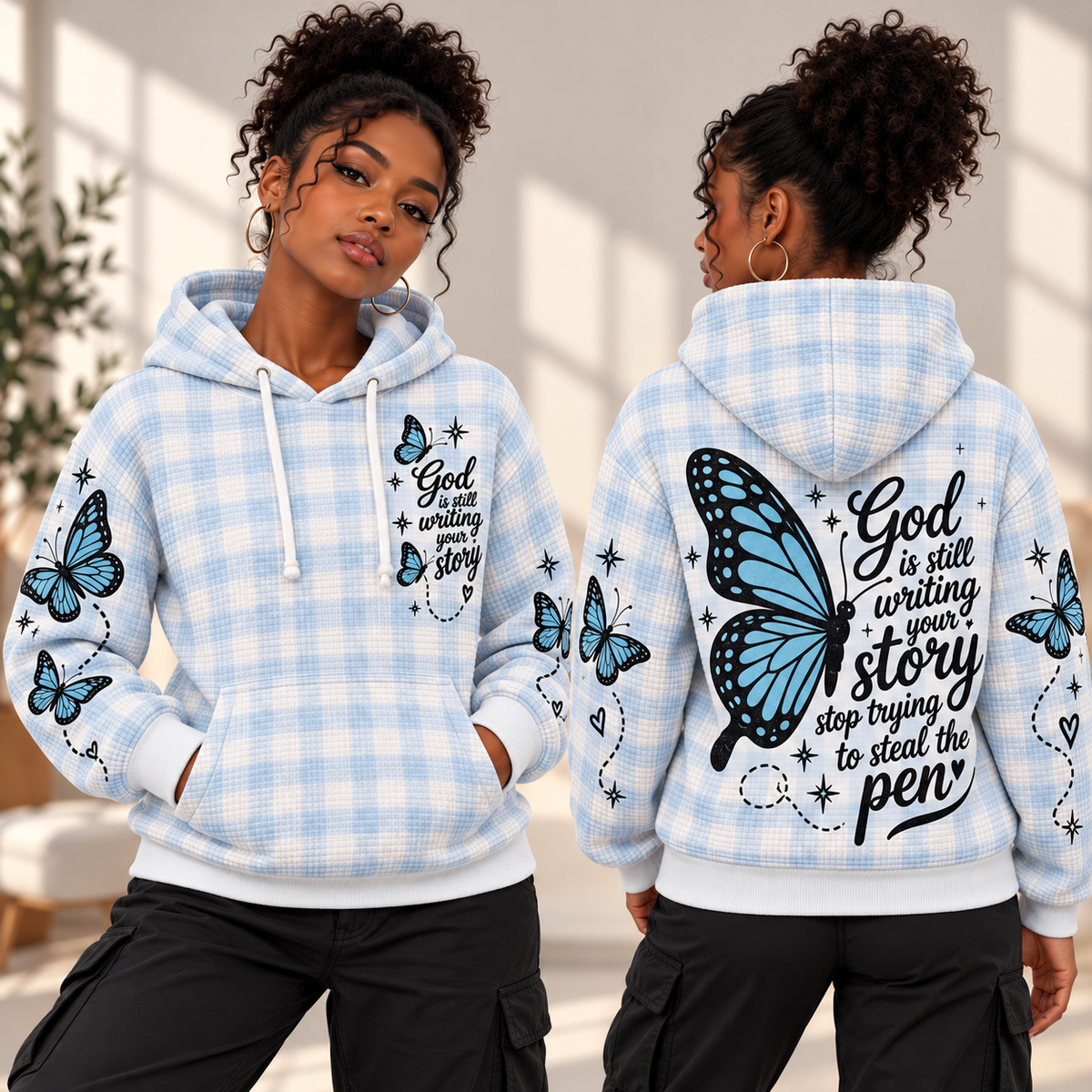 Light Blue Plaid Butterfly Waffle Hoodie