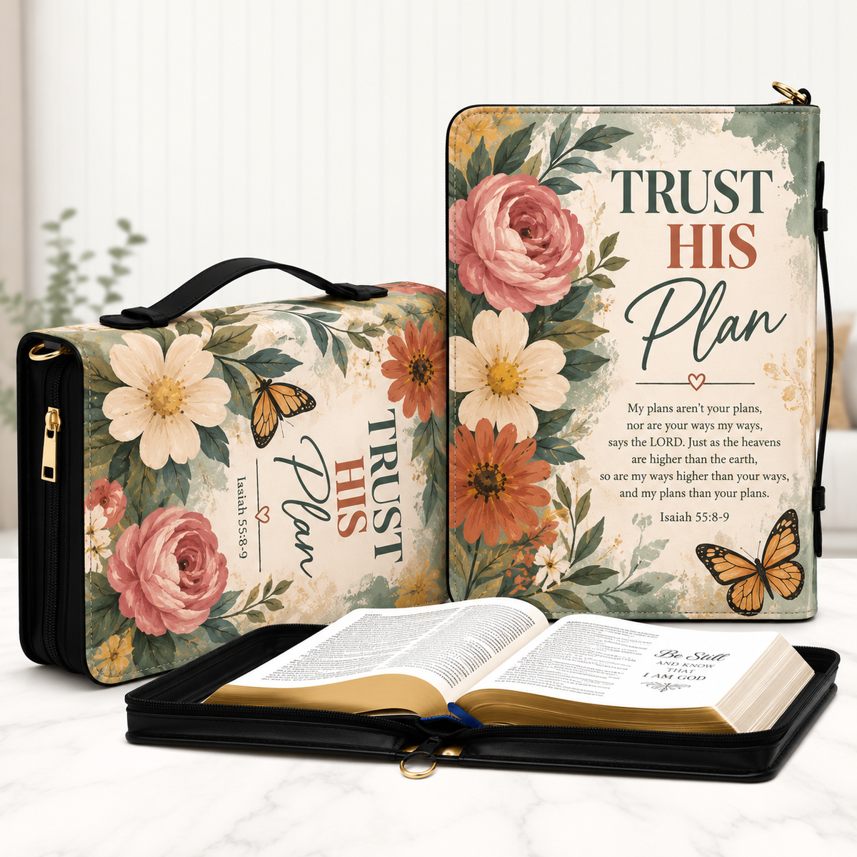 Trust His Plan Pink Rose Monarch Butterfly Bible Cover