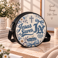 Jesus Saves Blue Floral Personalized Leather Round Bag