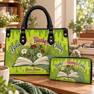 Green Floral Books and Blankets Personalized PU Leather Handbag & Leather Long Wallet