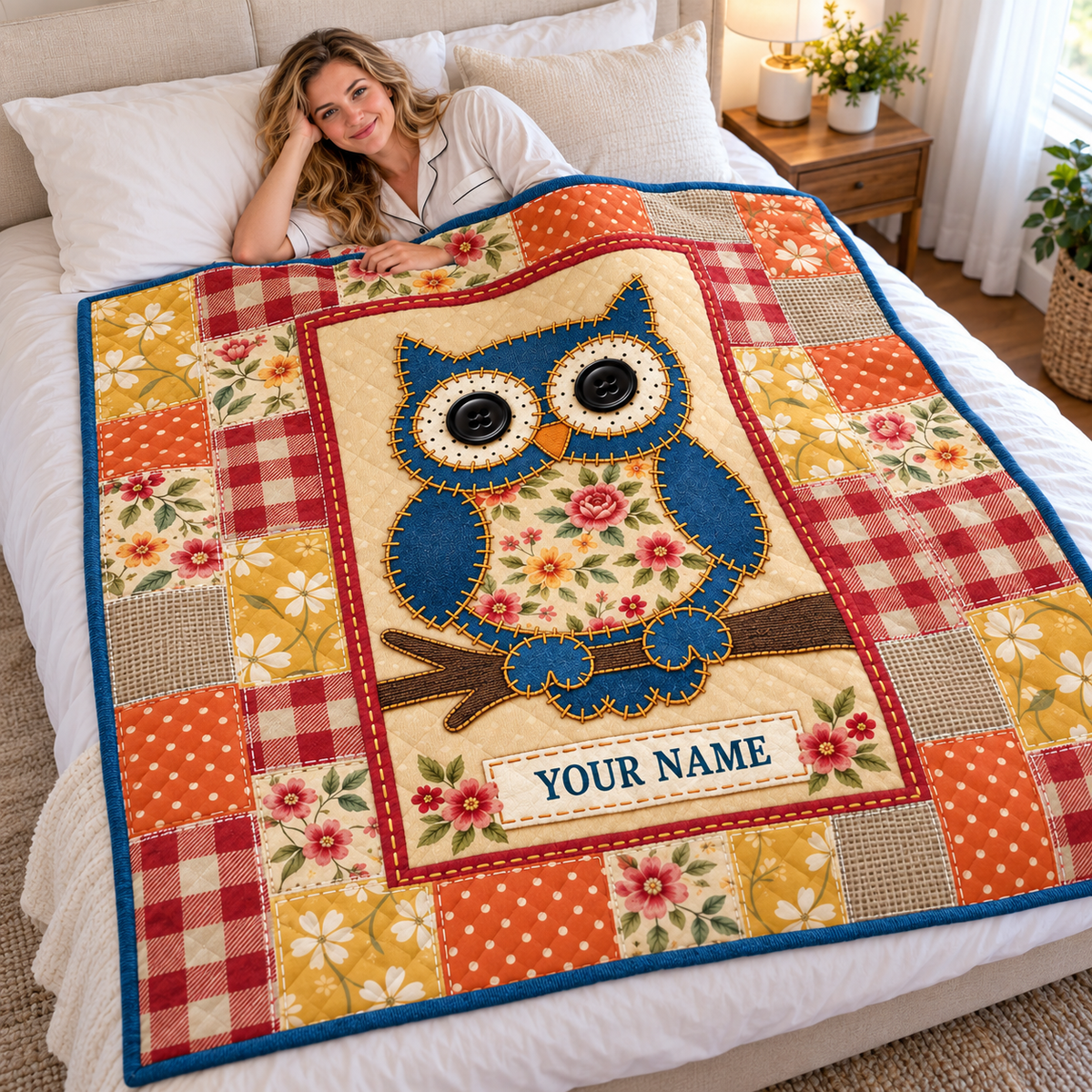 Blue Owl Floral Patchwork Personalized Quilt