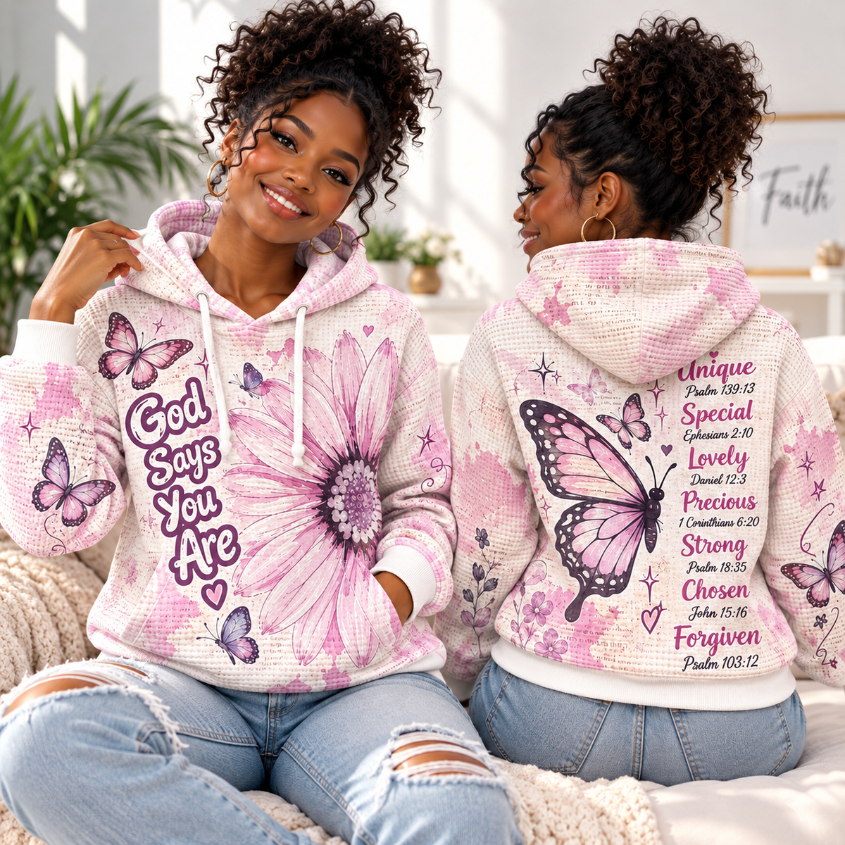 Pink Daisy and Butterflies Waffle Hoodie