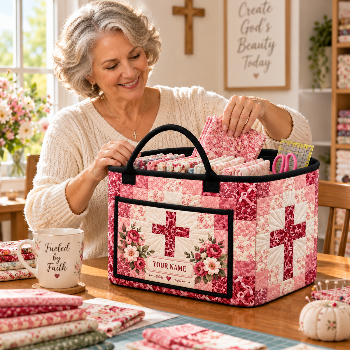 Pink Floral Patchwork Personalized Quilted Storage Basket