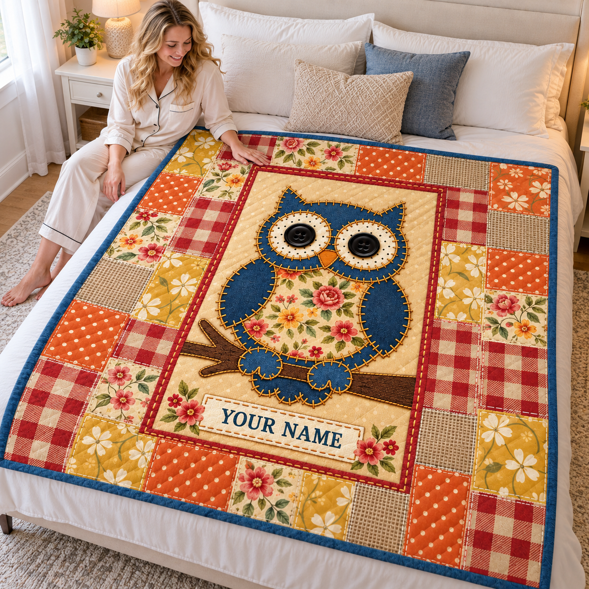 Blue Owl Floral Patchwork Personalized Quilt