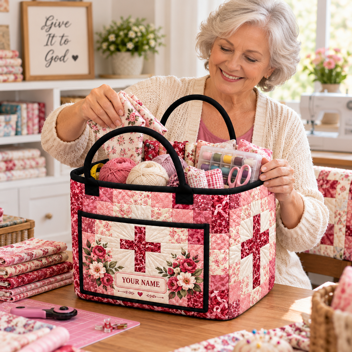 Pink Floral Patchwork Personalized Quilted Storage Basket