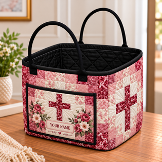 Pink Floral Patchwork Personalized Quilted Storage Basket