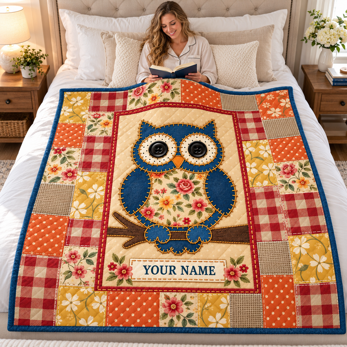 Blue Owl Floral Patchwork Personalized Quilt