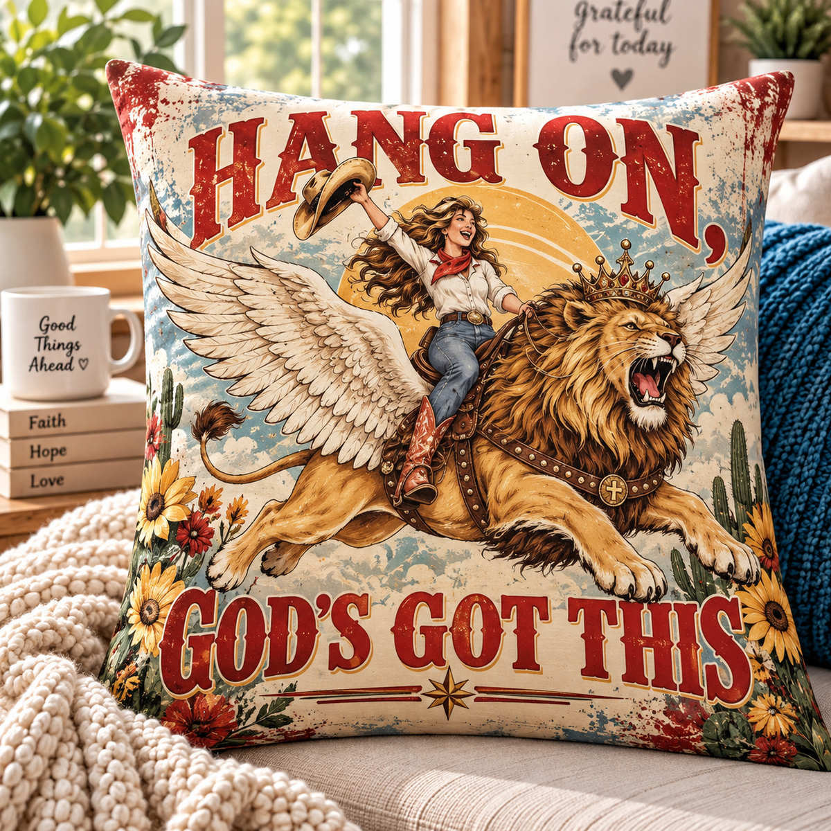 Hang On God's Got This Cowgirl Lion Pillow