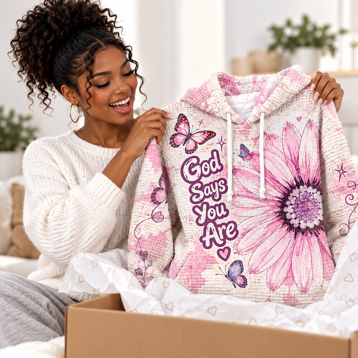 Pink Daisy and Butterflies Waffle Hoodie