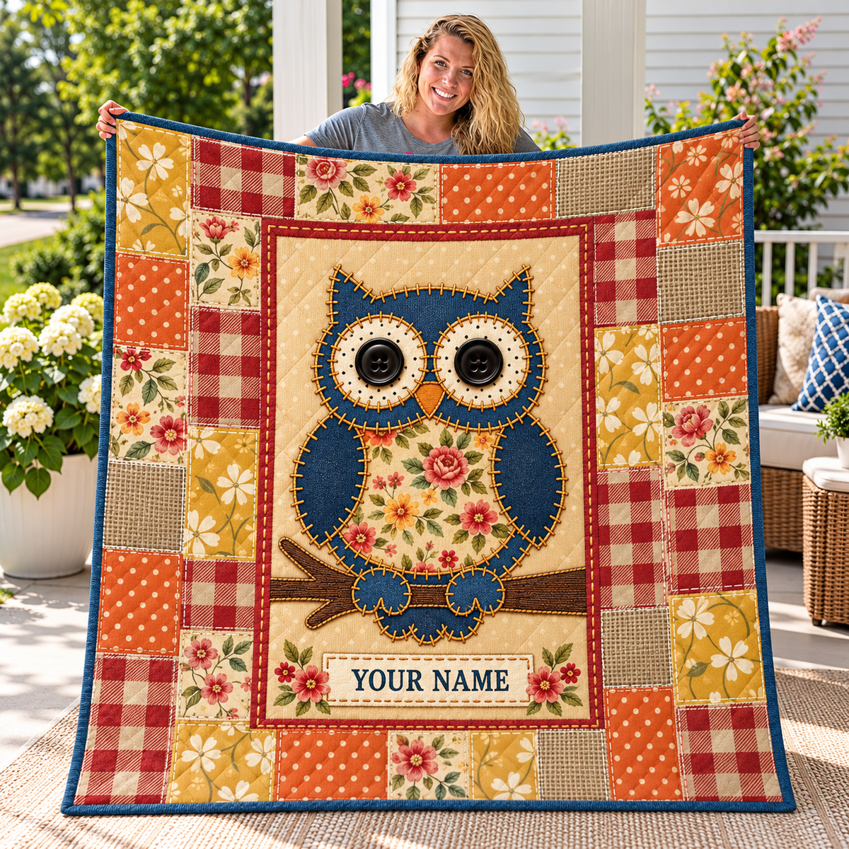 Blue Owl Floral Patchwork Personalized Quilt