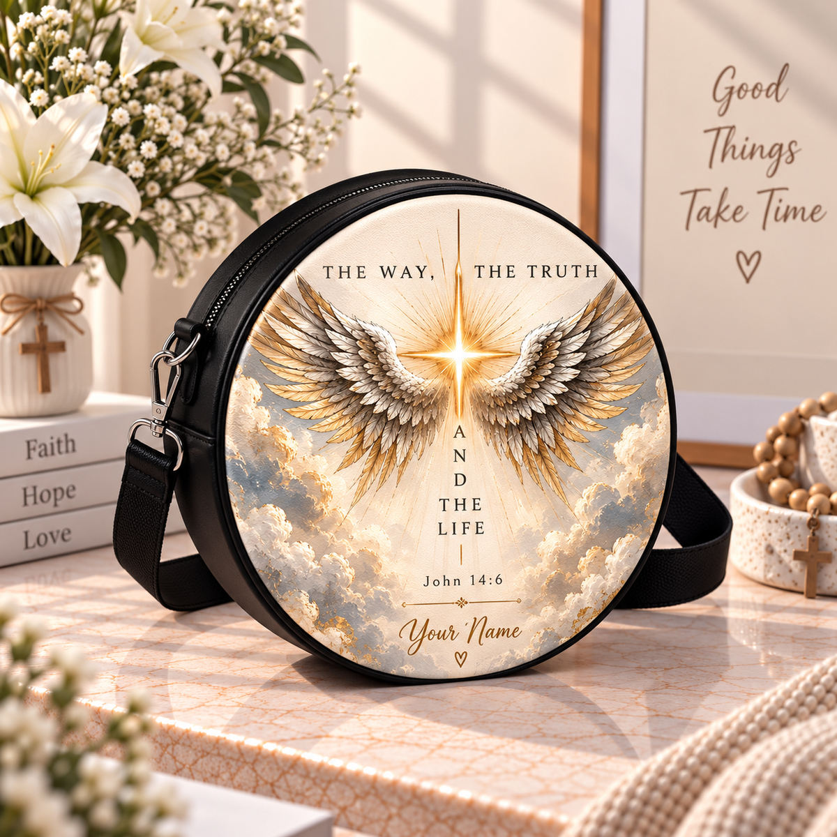 Angel Wings John 14:6 Personalized Leather Round Bag