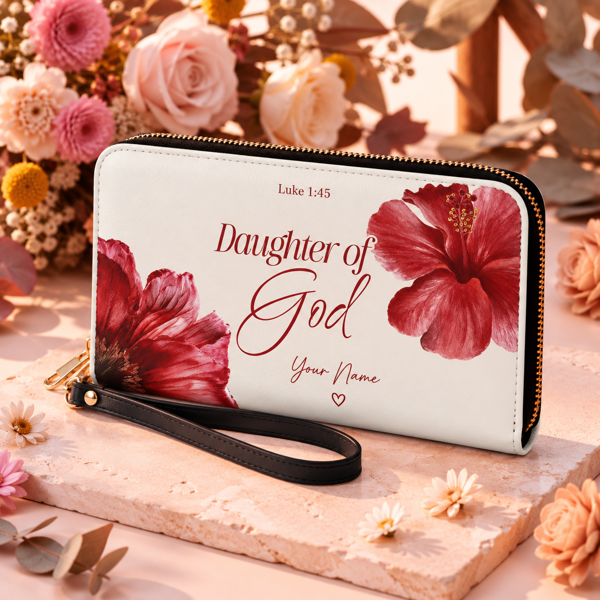 Red Hibiscus Personalized PU Leather Long Wallet