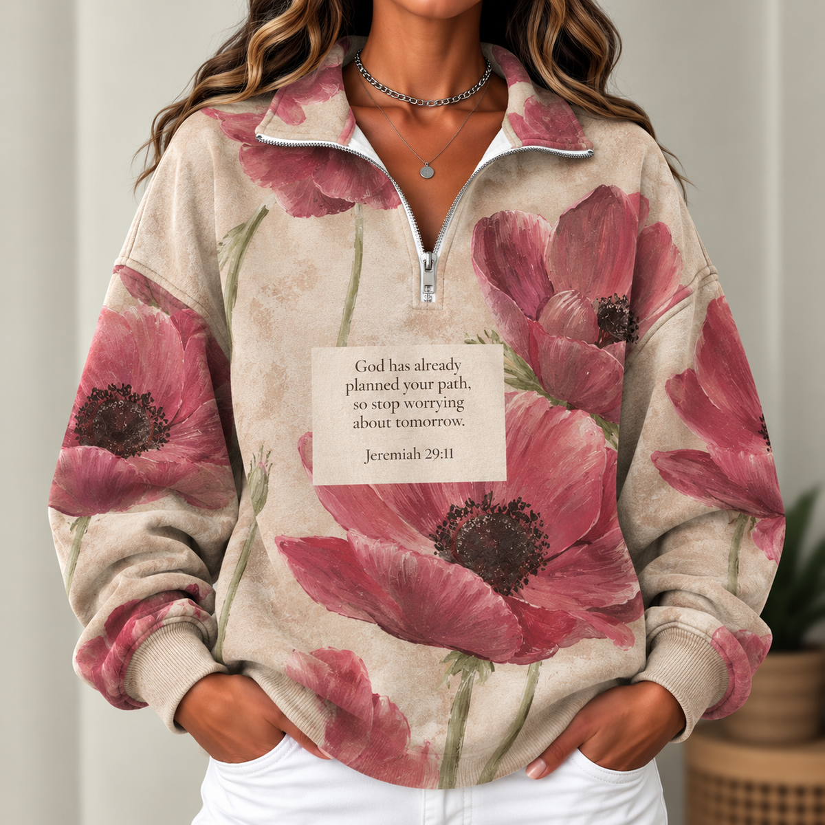 Pink Poppies Women's Half-zip Sweatshirt NWY076