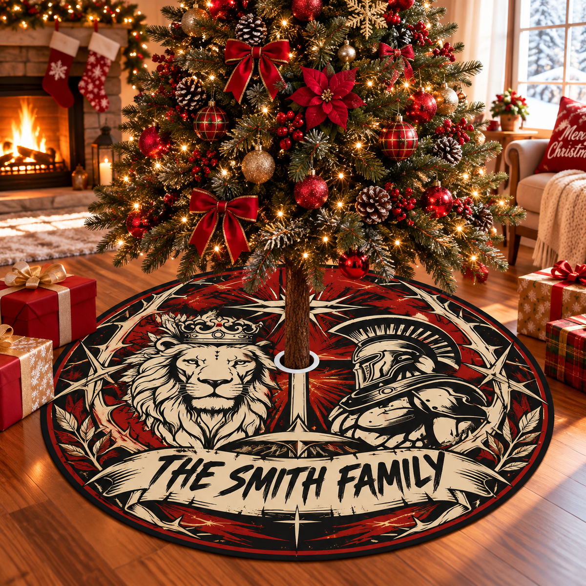 Crowned Lion and Warrior Personalized Christmas Tree Skirt