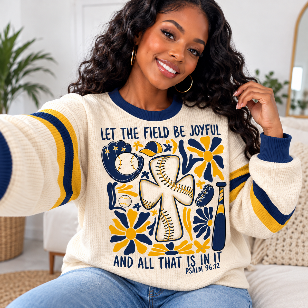 Cream Navy Baseball Floral Waffle Sweatshirt