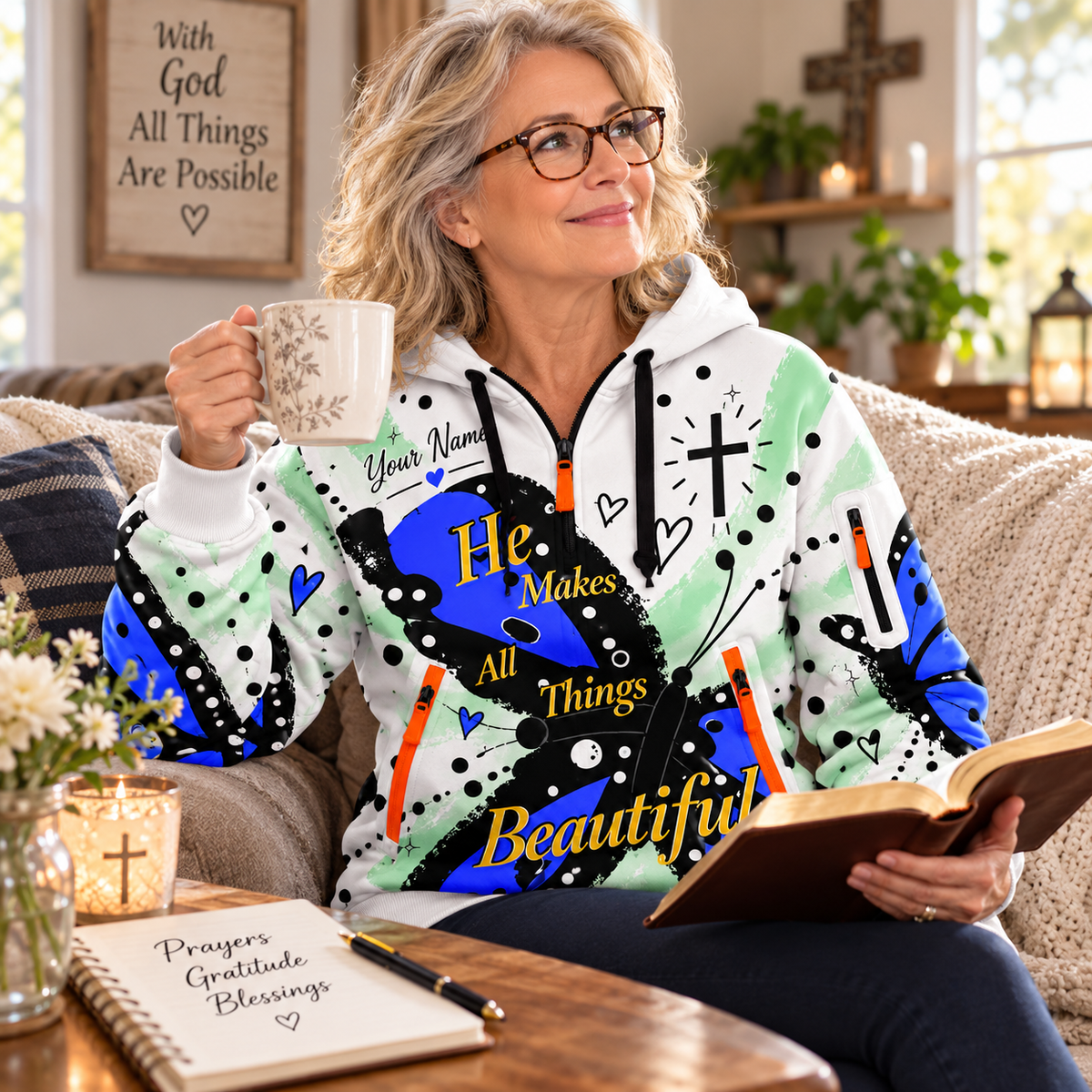 Blue Butterfly Personalized Half-Zip Hoodie