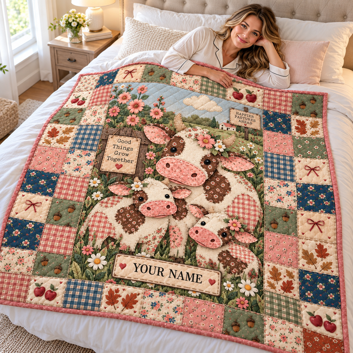 Cow and Calves Floral Patchwork Personalized Quilt