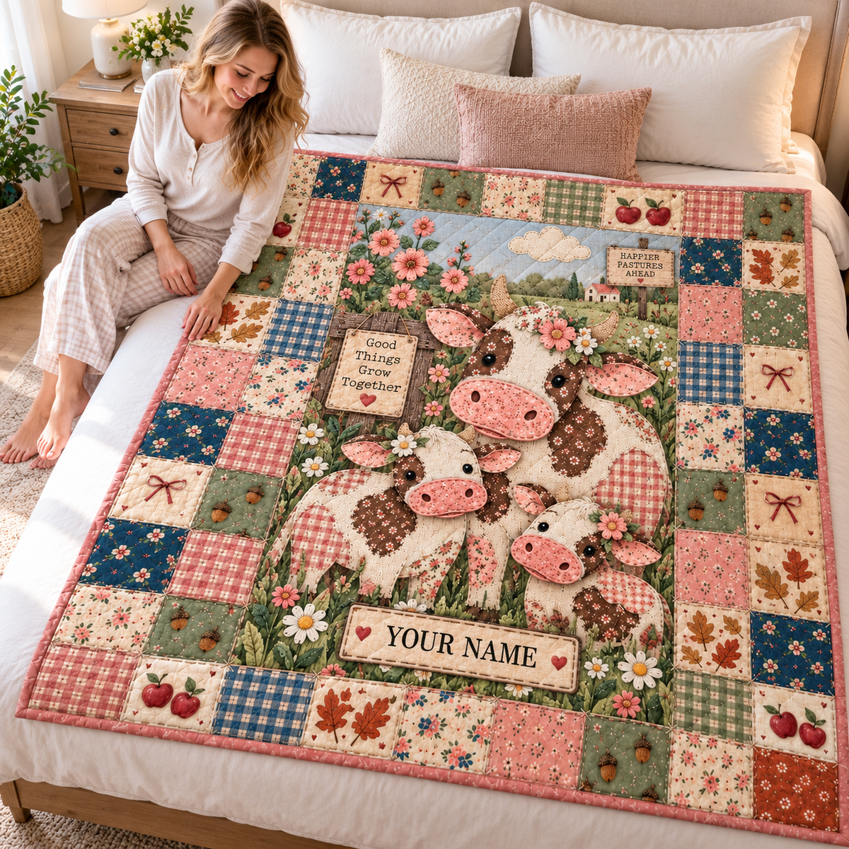Cow and Calves Floral Patchwork Personalized Quilt