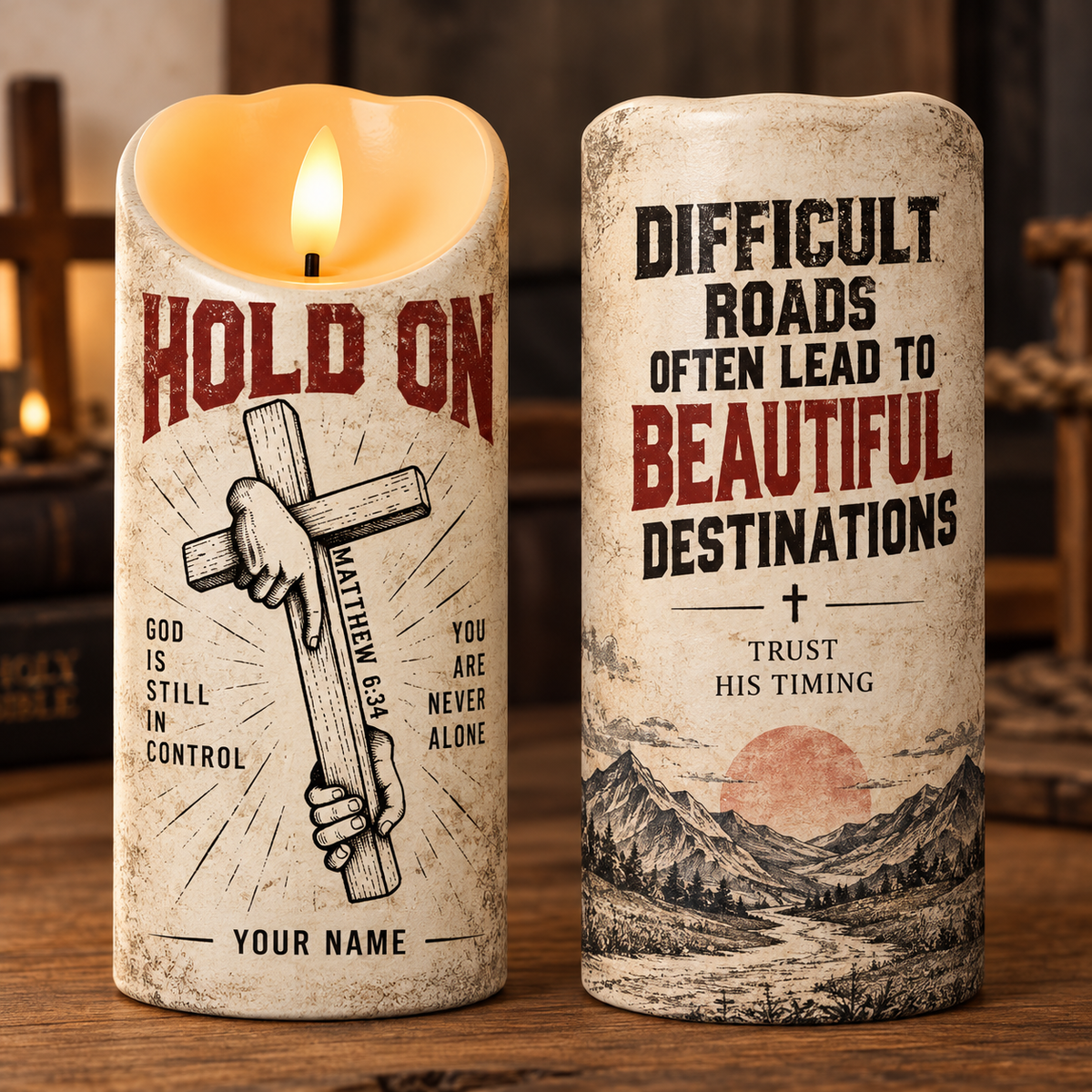 Hold On Cross Personalized Flameless LED Candle