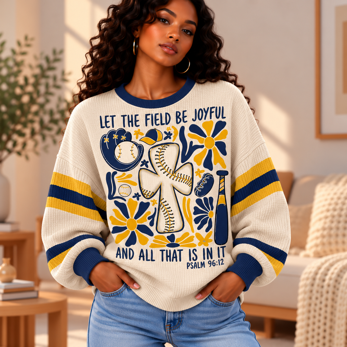 Cream Navy Baseball Floral Waffle Sweatshirt