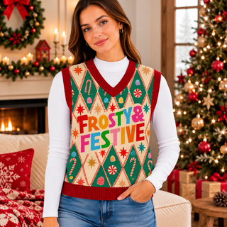 Frosty and Festive Personalized Knitted V-Neck Vest