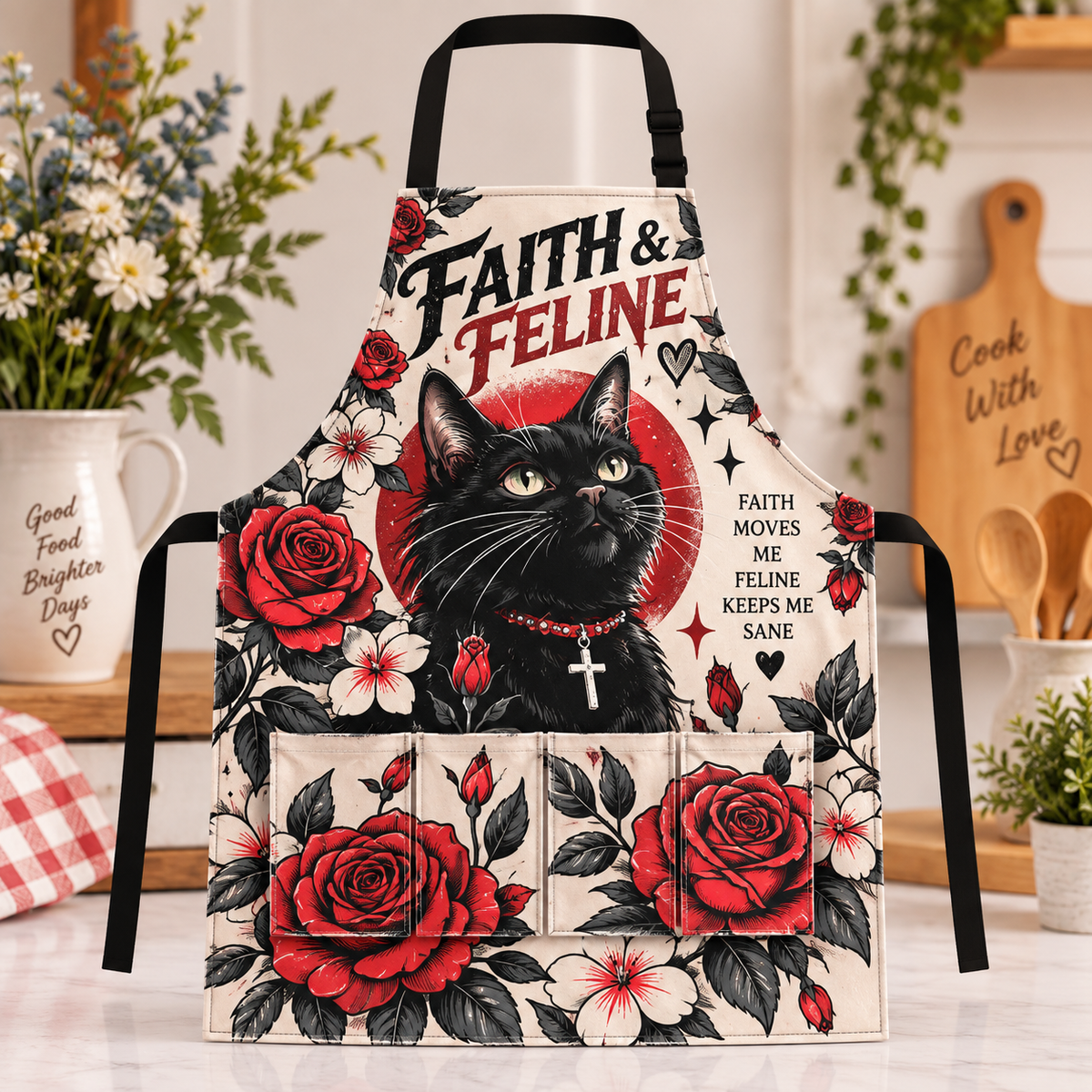 Faith And Feline Black Cat Red Rose Apron