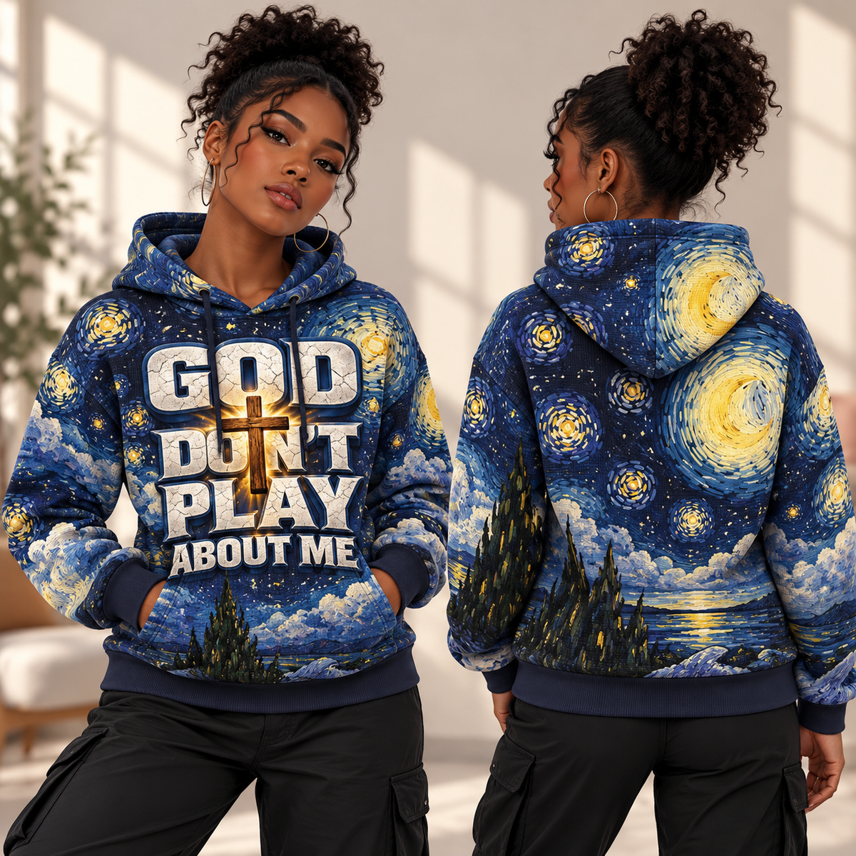 Blue and Gold Starry Night Waffle Hoodie