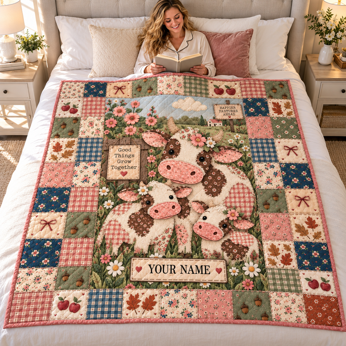 Cow and Calves Floral Patchwork Personalized Quilt
