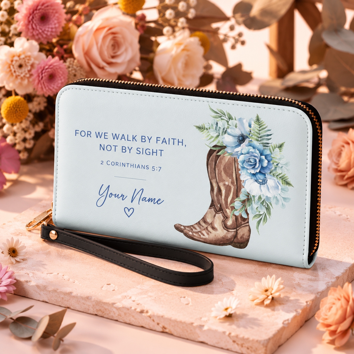 Cowboy Boots & Blue Flowers Personalized PU Leather Long Wallet