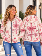 Front and back view of hoodie with pink ribbon cross, hearts, stars and Yeshua lettering