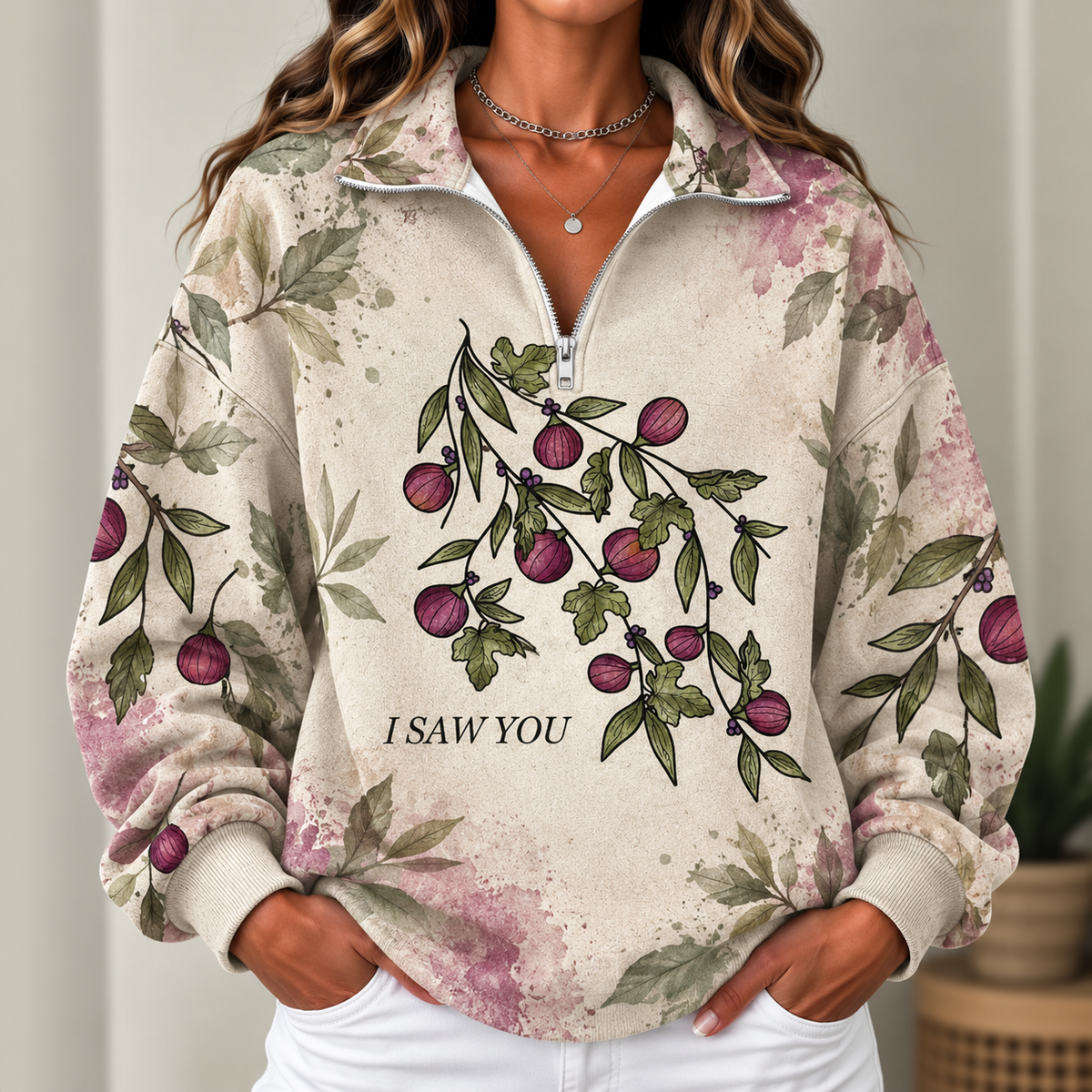 I Saw You Fig Branch Women's Half-zip Sweatshirt NWY076