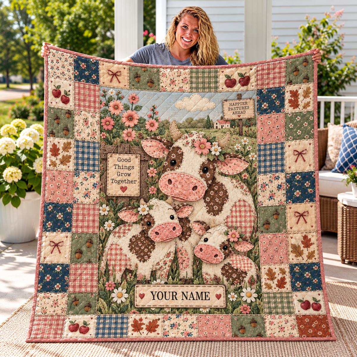 Cow and Calves Floral Patchwork Personalized Quilt