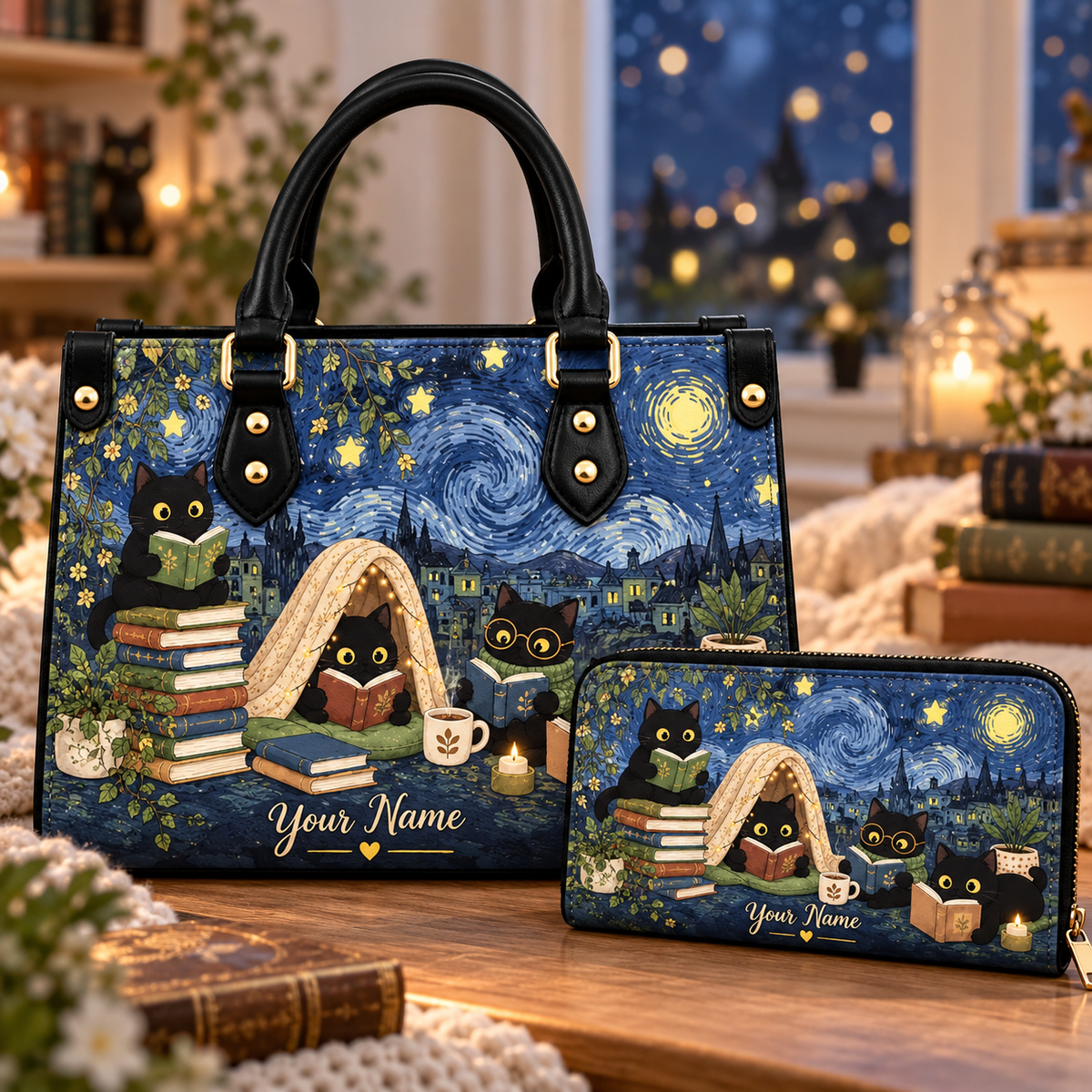 Starry Reading Cats Personalized PU Leather Handbag & Leather Long Wallet
