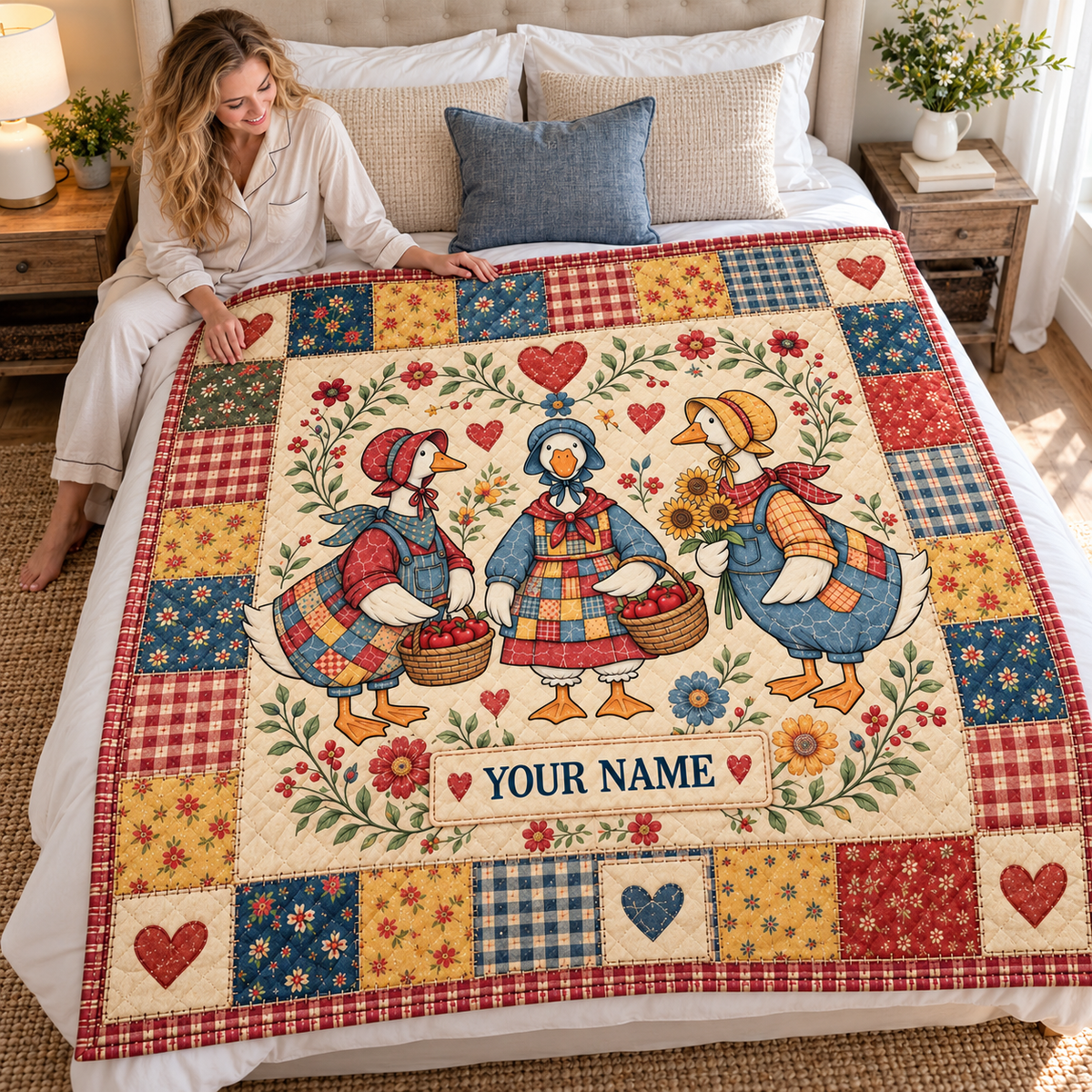 Country Geese Floral Patchwork Personalized Quilt