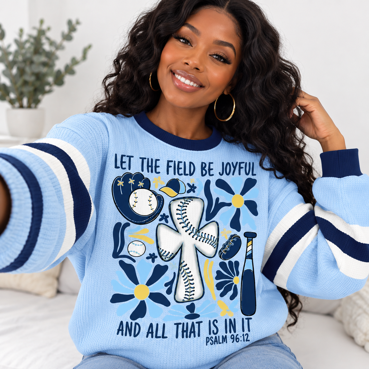 Light Blue Baseball Floral Waffle Sweatshirt