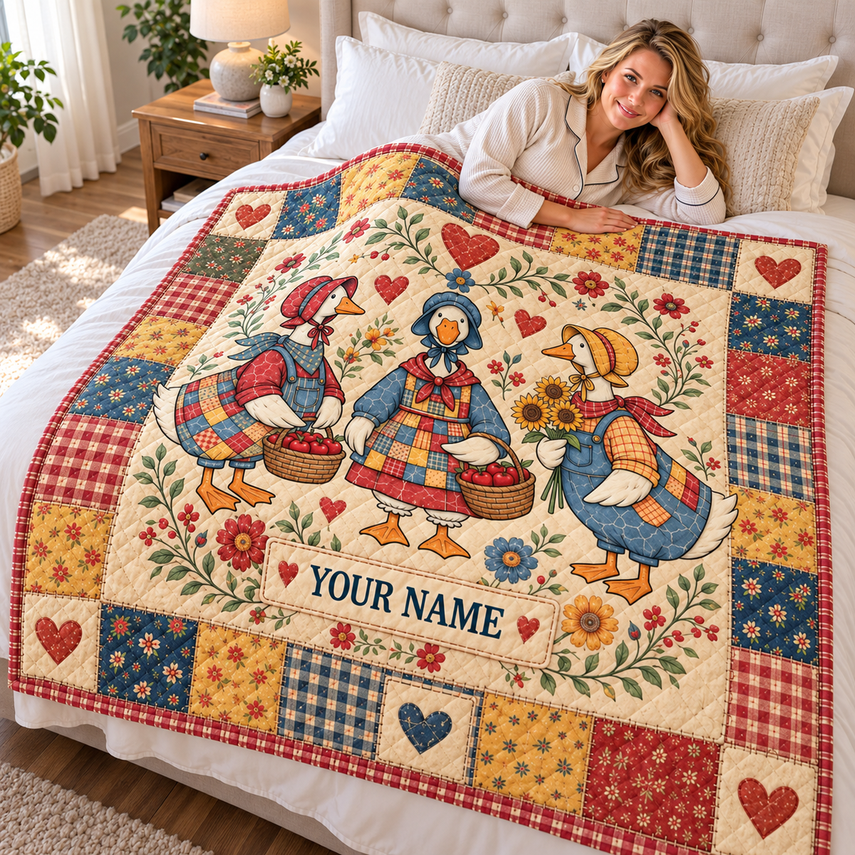 Country Geese Floral Patchwork Personalized Quilt