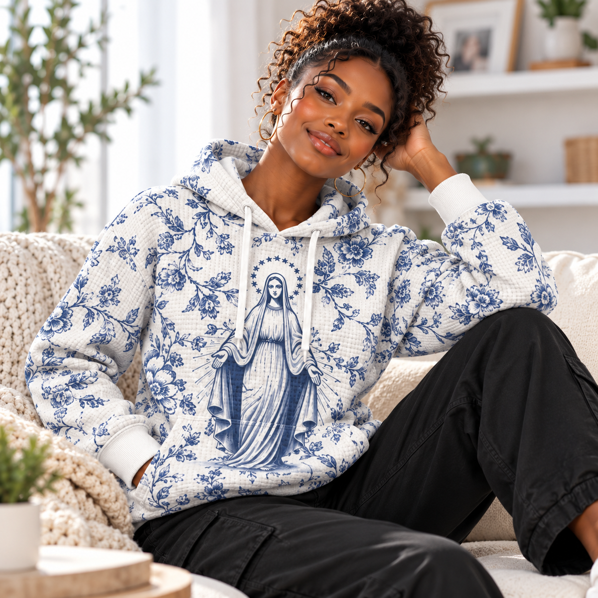Blue and White Botanical Floral Waffle Hoodie