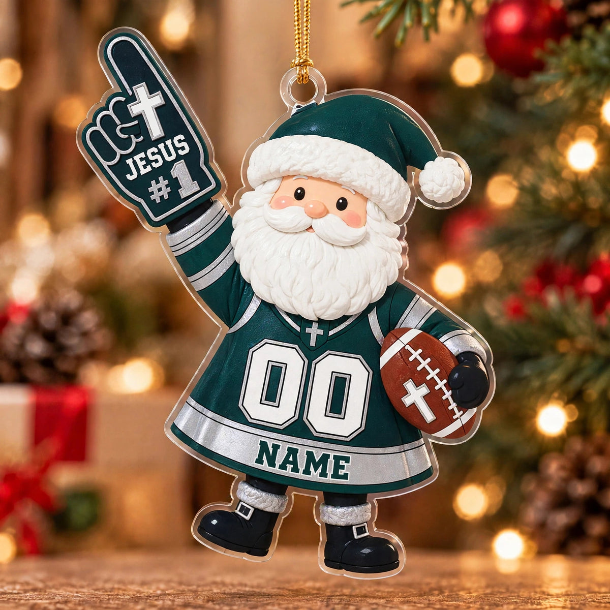 Jesus #1 Dark Green Football Santa Personalized Sports Ornament
