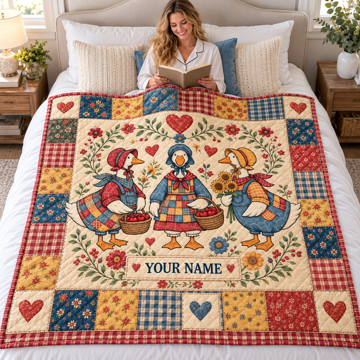 Country Geese Floral Patchwork Personalized Quilt
