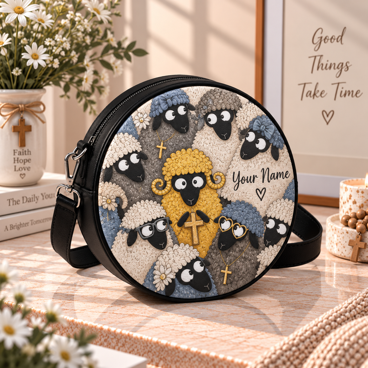 Cartoon Sheep Cross Personalized Leather Round Bag
