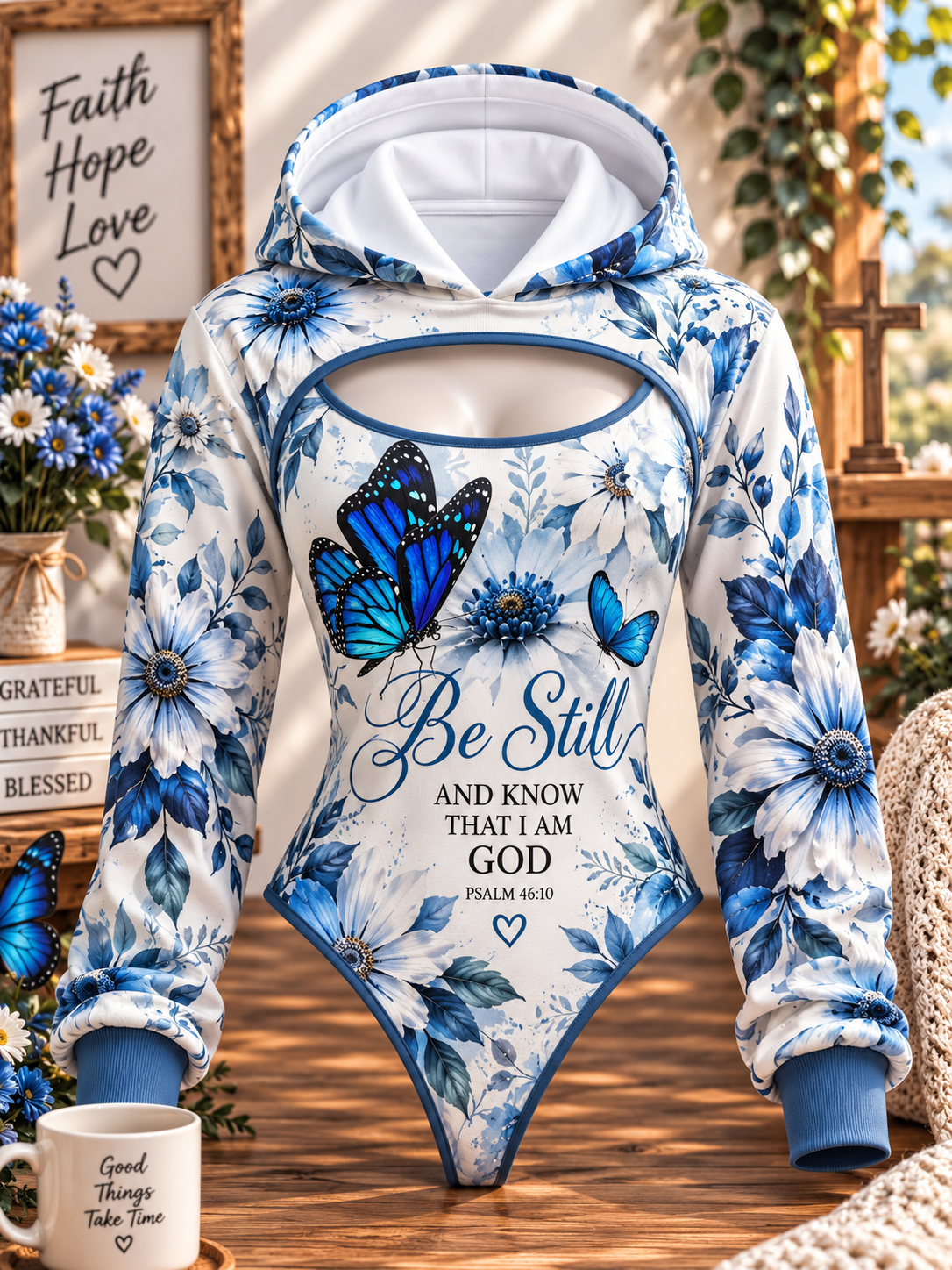 Be Still Blue Butterfly Floral Hooded Jumpsuit