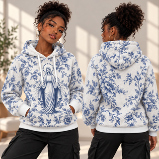 Blue and White Botanical Floral Waffle Hoodie