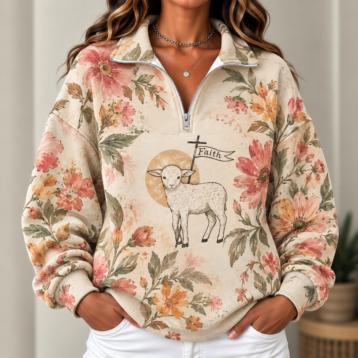 The Lamb Floral Women's Half-zip Sweatshirt NWY076