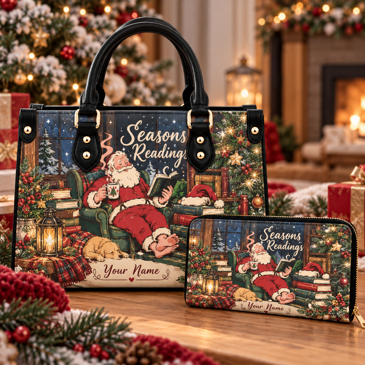 Cozy Festive Reading Personalized PU Leather Handbag & Leather Long Wallet