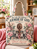 Put On The Whole Armor Of God woman warrior pink rose canvas tote bag