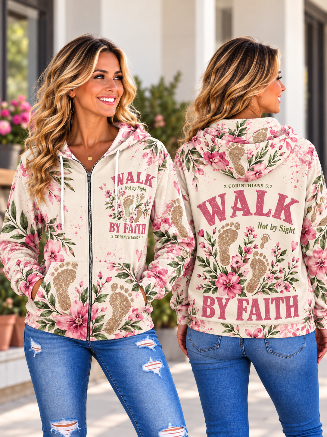 Walk by Faith Floral Footprints Zip Hoodie