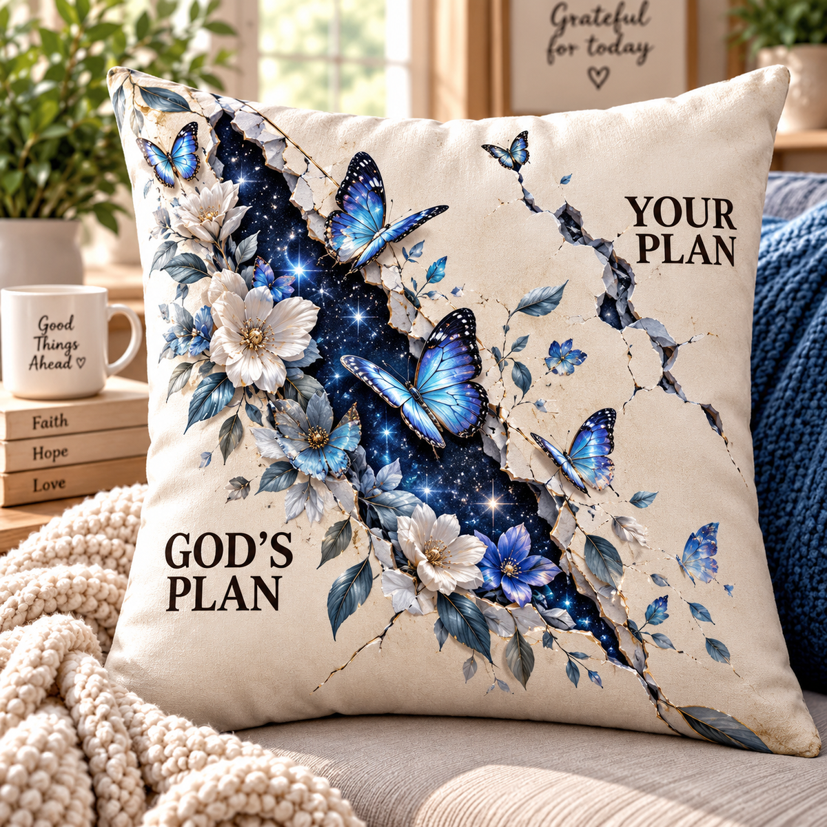 Your Plan God's Plan Blue Butterfly Pillow